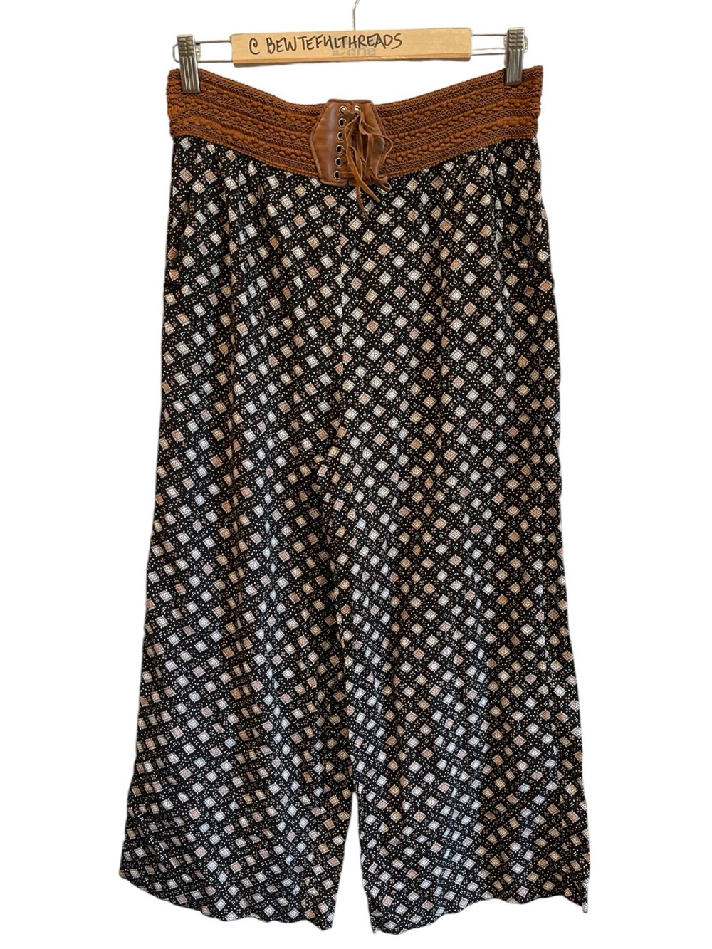 Boho Wide Leg Cropped Palazzo Pants Brown Black Print Pockets S L
